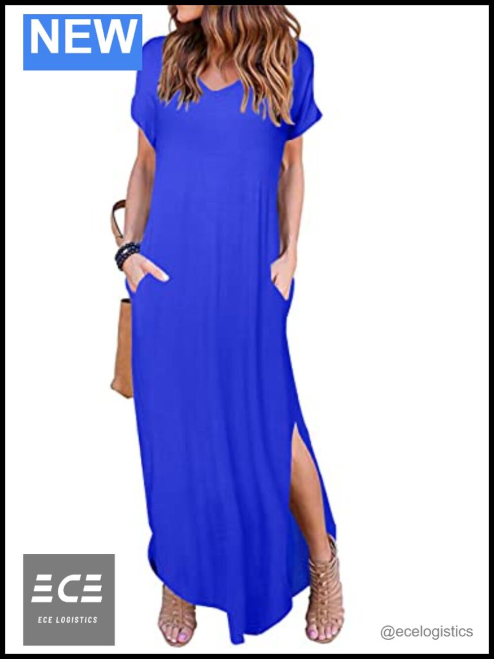 Women's Summer Maxi Dress Casual Loose Fit Short Sleeve V-Neck Side Split